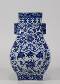 A Rare Blue and White Lotus,Bats and Peach Pattern Double-Ears Vase