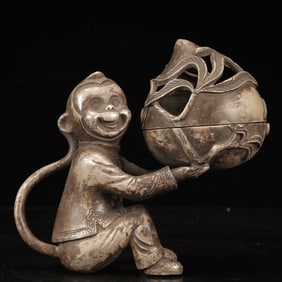 An Exquisite Silver-plated Copper Monkey-Shaped Censer