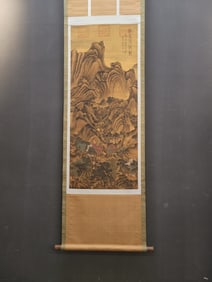 A Chinese Vertical Scroll Ink Painting of Landscape and Figure on Silk,Shen Zhou