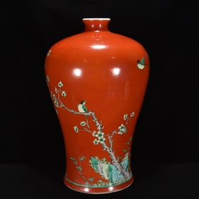A Huge Red Glazed Famille-Rose Flower and Bird Pattern Vase