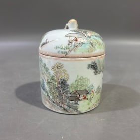 An Exquisite Guan yao Light Crimson Color Landscape and Figure Pattern Tea Caddy,With Poem
