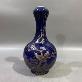An Exquisite Ji Blue Glazed Painted Gold Flower and Bird Pattern Vase,With Poem