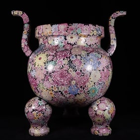 A Huge Black Ground Famille-Rose Chrysanthemum Pattern Double-Ears and Tripod Censer
