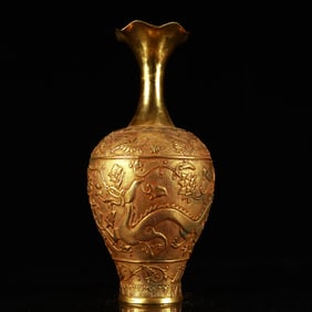 An Exquisite Gilt Bronze Flower Dragon Pattern Vase,With poem