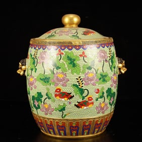 A Rare Cloisonne Lotus and Mandarin Duck Pattern Beast-Ears Jar with Cover