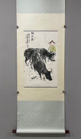 A Chinese Vertical Scroll Ink Painting of Figure and Buffalo on Paper,Wei Xiaorong