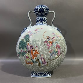 A Rare Blue and White Famille-Rose Painted Gold Landscape and Figure Pattern Double-Ears Vase