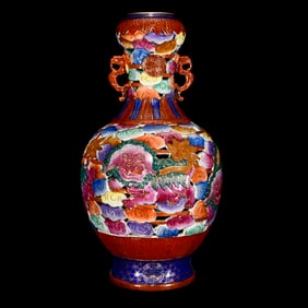 A Huge Enamel Painted Gold Hollow Auspicious Cloud and Lion Pattern Double-Ears Vase