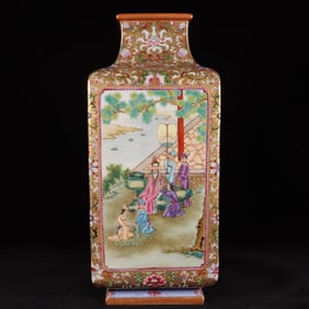 A Rare Enamel Gold Ground Character and Story Pattern Vase,With Poem