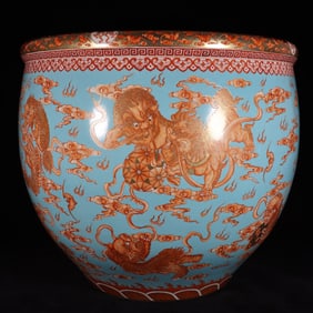 A Huge Turquoise Ground Iron-Red Glazed Painted Gold Auspicious Cloud and Auspicious Beast Pattern