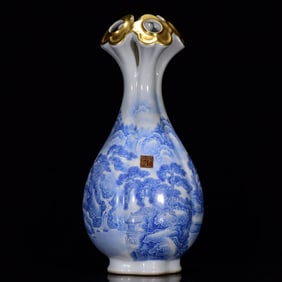 A Rare Blue Color Painted Gold Landscape Pattern Vase?with an Imperial Poem by Emperor Qianlong