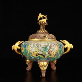 A Rare Cloisonne Flower and Bird Pattern Double-Ears and Beast-Legs Censer