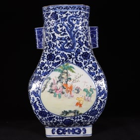 A Huge Blue and White Famille-Rose Painted Gold Lotus,Figure and Dragon Pattern Double-Ears Vase