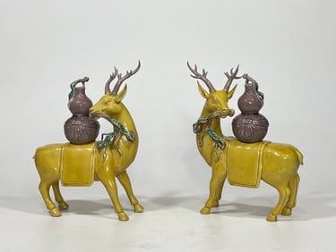 A Pair of Exquisite Tri-Color Glazed Pottery Gourd and Deer Ornaments