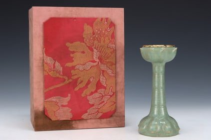 An Exquisite Ru yao Sky Blue Glazed Lotus Pattern Candlestick,with an Imperial Poem by Emperor