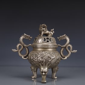 An Exquisite Silver-plated Bronze Dragon Pattern Double-Ears and Tripod Censer