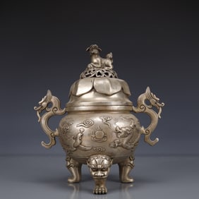 An Exquisite Silver-plated Bronze Dragon and Phoenix Pattern Dragon-Ears Tripod Censer