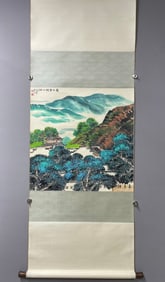 A Chinese Vertical Scroll Ink Painting of Landscape and Figure on Paper,Fang Jizong