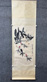 A Chinese Vertical Scroll Ink Painting of Fish on Paper,Wu Zuoren