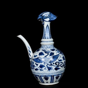 A Rare Blue and White Peony and Phoenix Pattern Rooster-head Pot