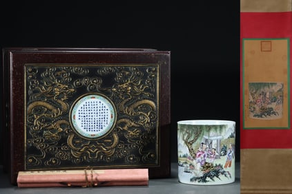 An Exquisite Famille-Rose Landscape and Figure Pattern Brush Pot,With Poem,With Vertical Scroll