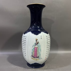 A Huge Ji Blue Glazed Famille-Rose Figure Pattern Vase,With Poem