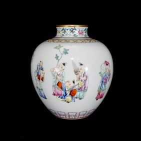 An Exquisite Famille-Rose Painted Gold Character and Story Pattern Jar