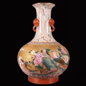 An Exquisite Enamel Golden Ground Carve Flower and Bird Pattern Elephant-Ears Vase