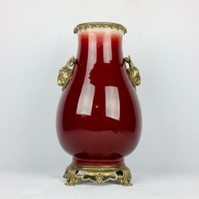 An Exquisite Red Glazed Inlaid Bronze Beast Ears Vase