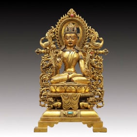A Solemn Gilt Bronze Inlaid Turquoise Statue of Avalokitesvara