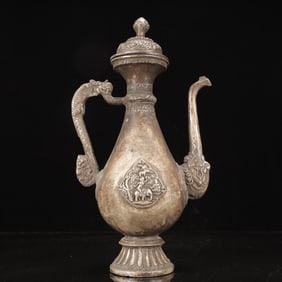 A Rare Silver-plated Copper Figure and Dragon Pattern Ewer