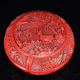 An Exquisite Carved Red Lacquer Flower and Deer Pattern Box with Cover