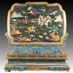 A Rare Cloisonne Inlaid Gems Hunting Pattern Table Screen,with poem