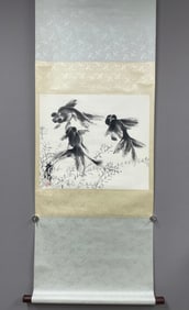 A Chinese Vertical Scroll Ink Painting of Fish on Paper,Huang Zhou