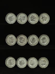 A Set of Fine Ru yao Twelve Chinese Zodiac Signs Pattern Water Washers