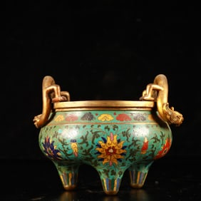 An Exquisite Cloisonne Lotus Pattern Dragon-Ears Tripod Censer
