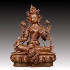 A Brilliant Bronze Gem-Inlaid Figure Of Green Tara