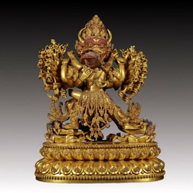 solemn gilt bronze statue of Yamantaka Vajra
