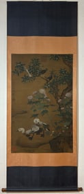 A Chinese Vertical Scroll Ink Painting of Flower and Bird on Silk,Song Heizong