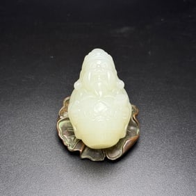 An Exquisite White Jade Statue of Mammon Pendant