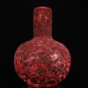 A Huge Carved Red Lacquer Seawater and Dragon Pattern Vase