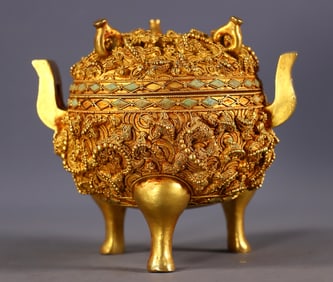 An Exquisite Gilt Silver Chi-Dragon Pattern Double-Ears and Tripod Ding,Inlaid Turquoise