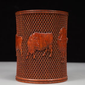 An Exquisite Huanghuali Wood Buffalo Pattern Brush Pot