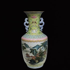 An Exquisite Enamel Landscape Pattern Painted Gold Double-Ears Vase