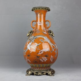 A Huge Famille-Rose Dragon Pattern Inlaid Bronze Sheep-Ears Vase