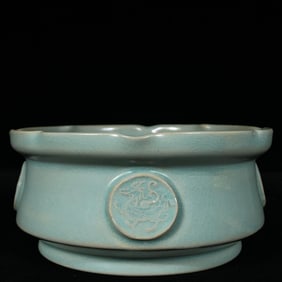A Rare Ru Yao Sky Blue Glazed Brush Washer ,With Poem