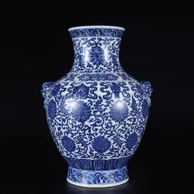 A Rare Blue and White Lotus and Eight Treasures Pattern Double-Ears Vase