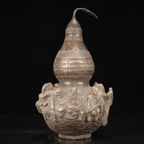 A Rare Silver-plated Copper Figure Pattern Gourd-Shaped Vase