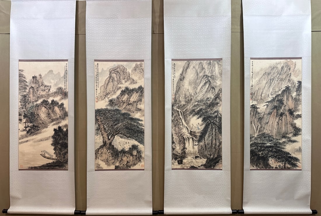 A Set of Chinese Vertical Scroll Ink Painting of Landscape on Paper,Fu Baoshi: A Set of Chinese Vertical Scroll Ink Painting of Landscape on Paper,Fu Baoshi,Size:17.3inx37.4in*4 一套中国水墨山水画立轴,傅