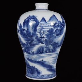 A Rare Blue and White Landscape and Figure Pattern Vase